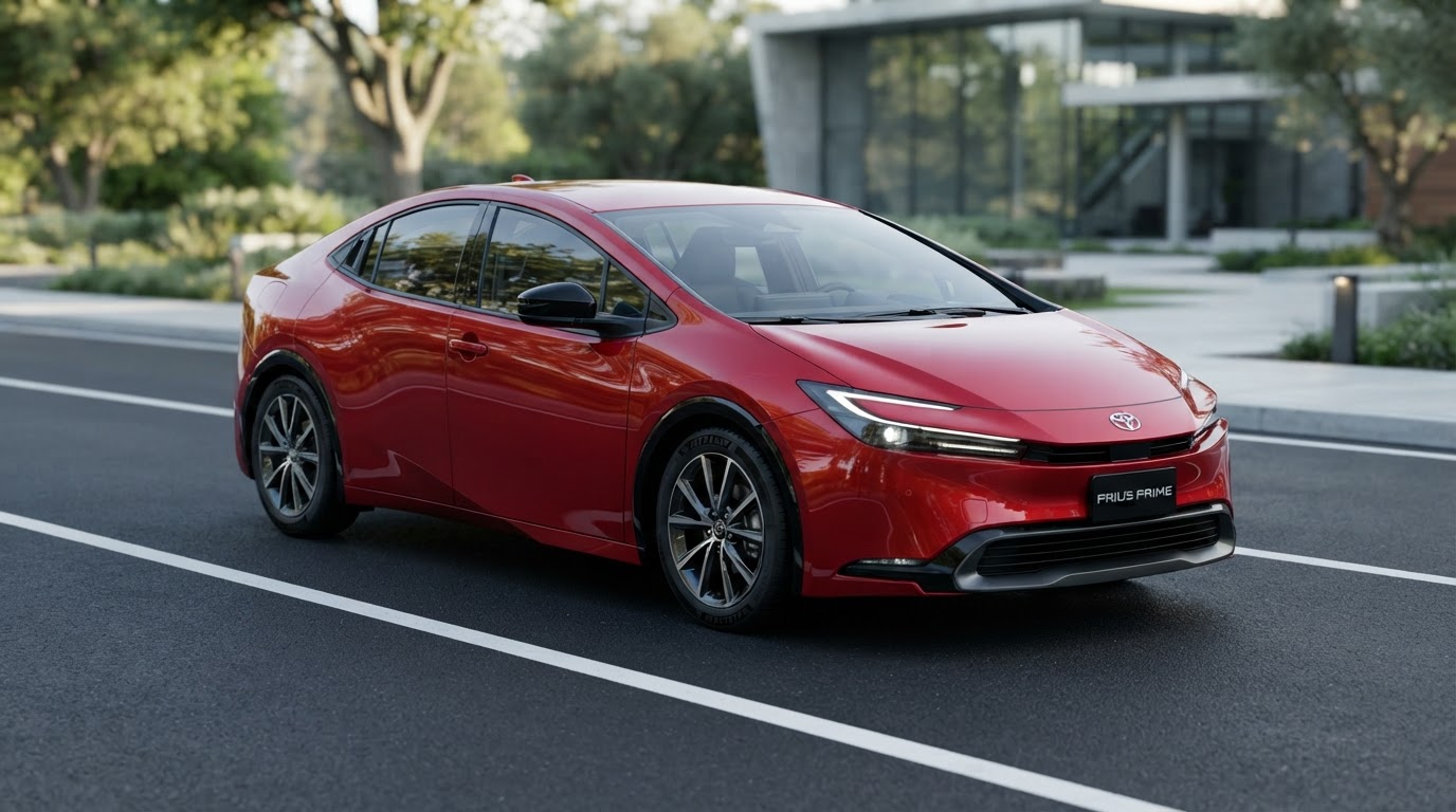 Red Toyota Prius hybrid rental from Key's 2 Income Rentals, front view