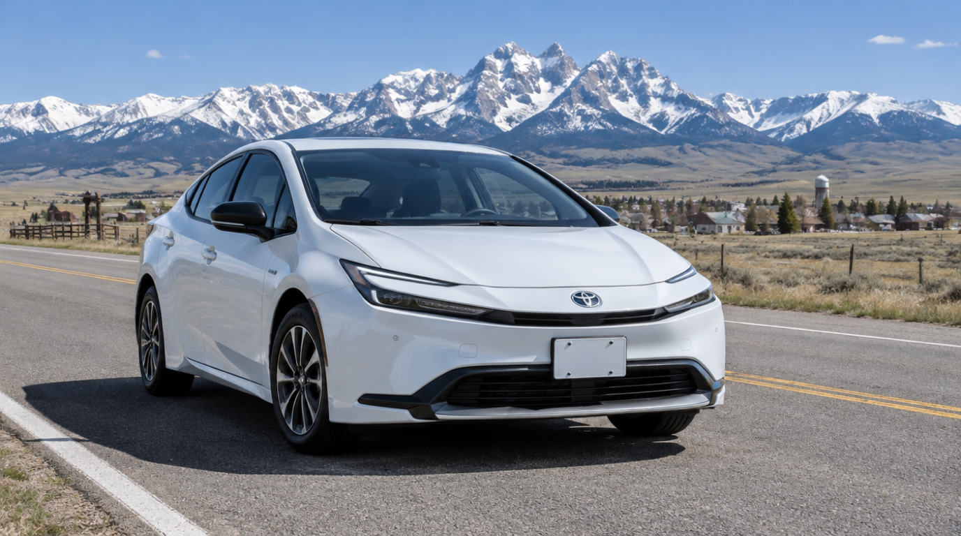 White Toyota Prius hybrid rental from Key's 2 Income Rentals with the Sheridan skyline