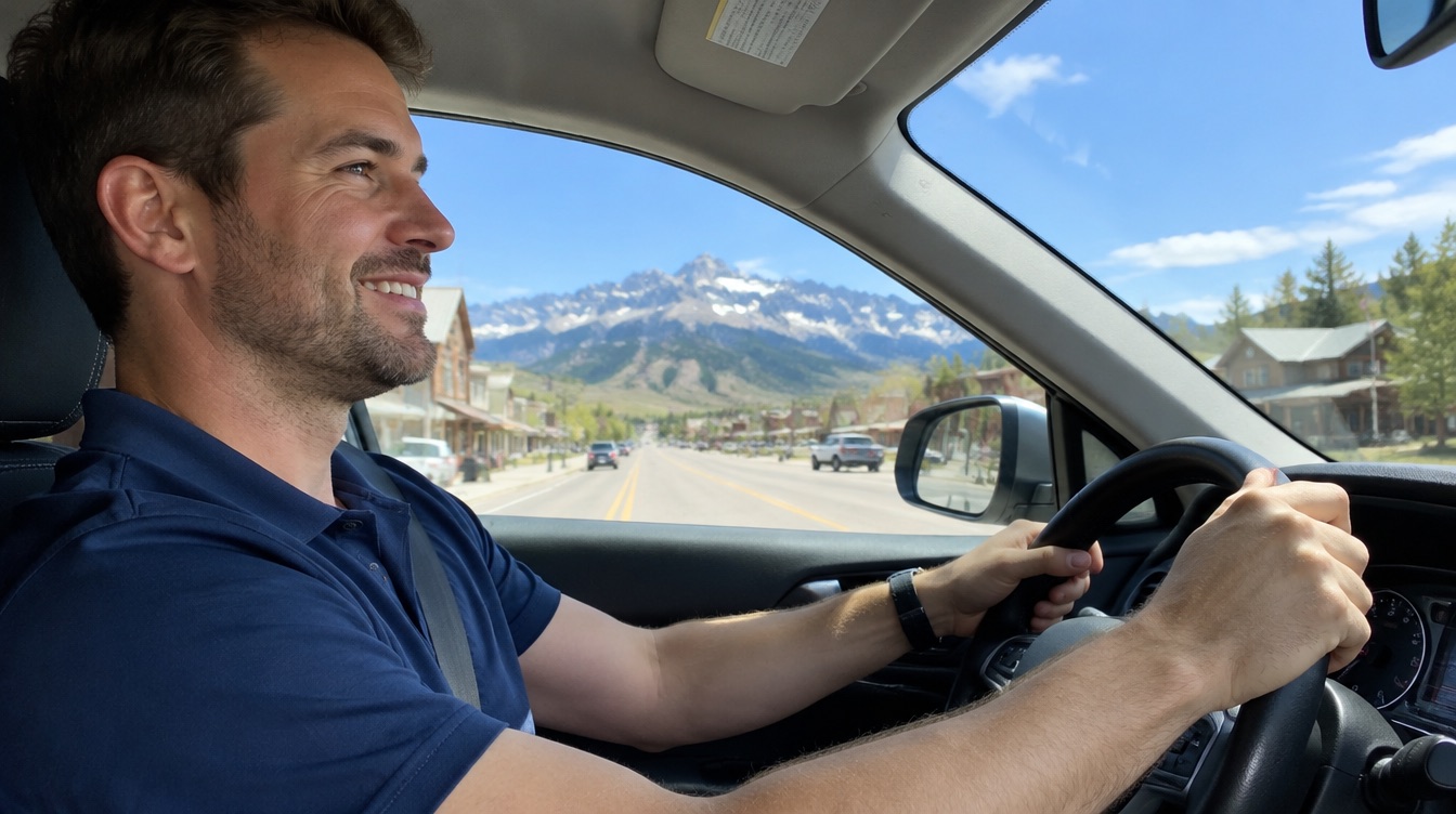 Smiling rideshare driver behind the wheel of a Toyota Prius