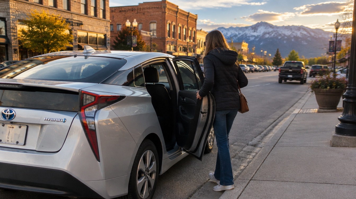 Key's 2 Income Rentals driver opening the door of a Toyota Prius for a passenger in Sheridan